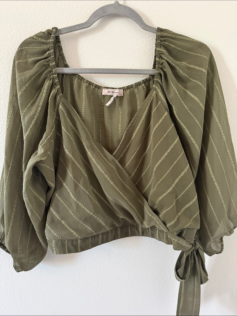 BCBGeneration Olive Green Striped Wrap Peasant Blouse